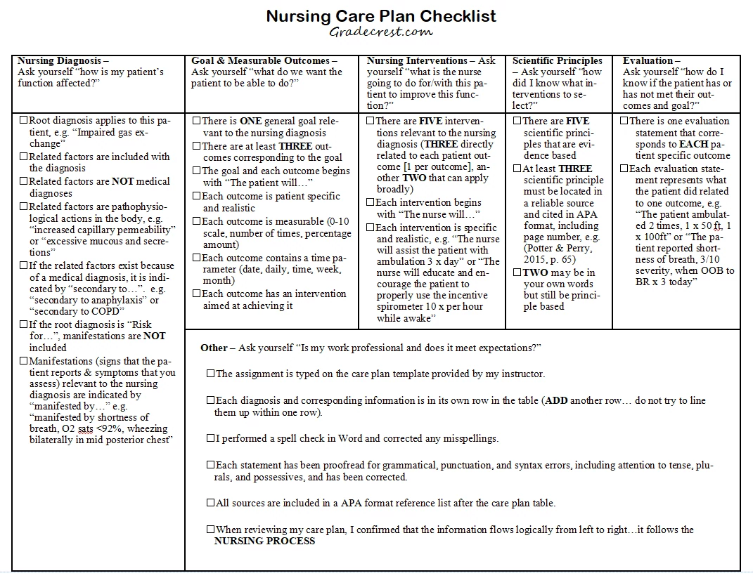 Nursing care Plan checklist